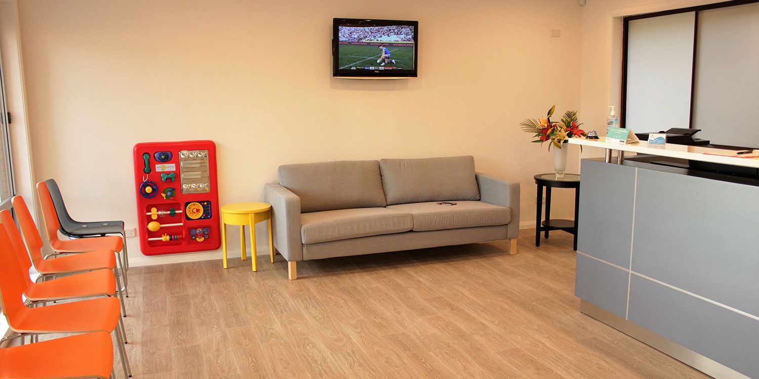 The waiting room, with a play board for children